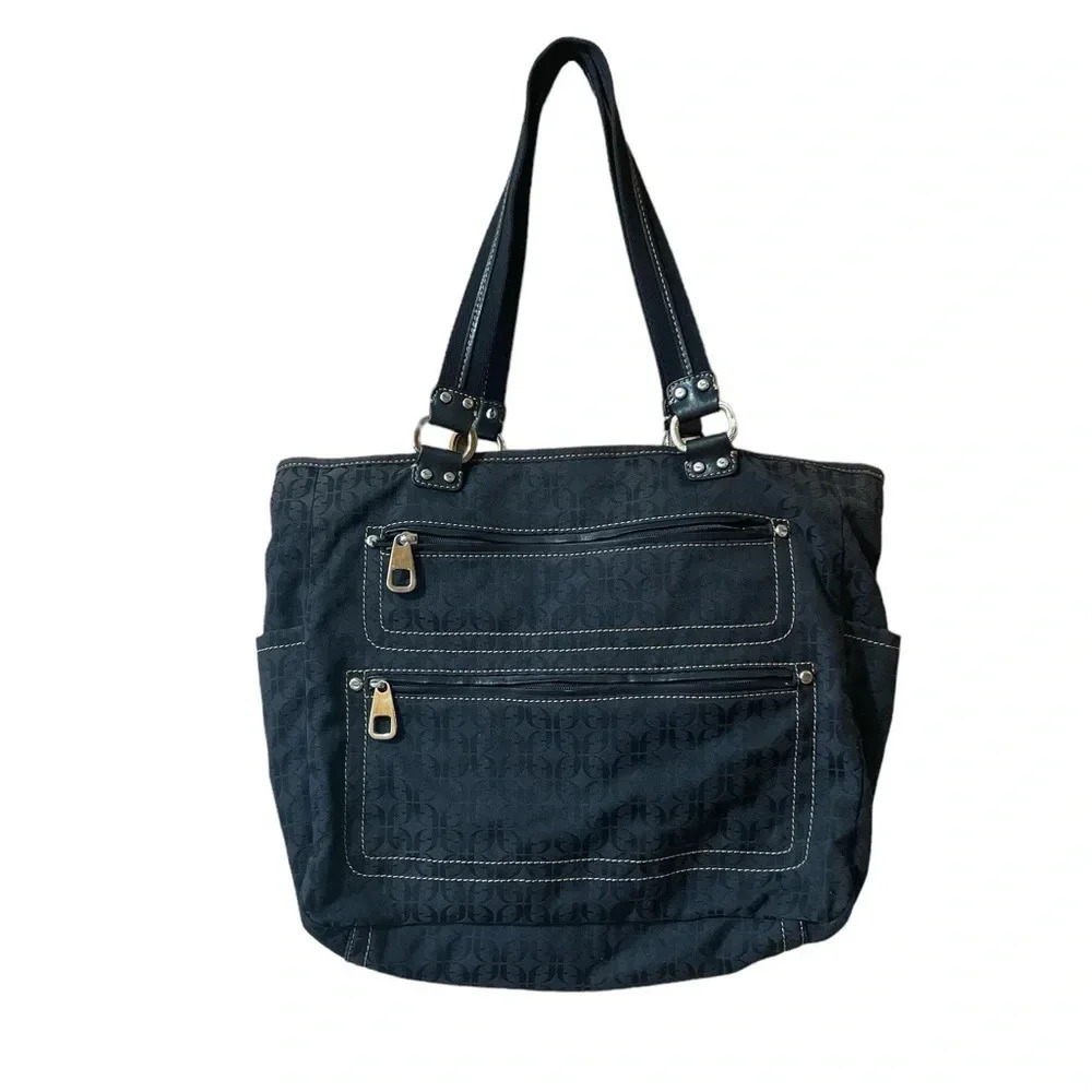 Fossil Tote Bag Modern Vintage Black Logo Fabric Canvas Straps Zip Pocket
